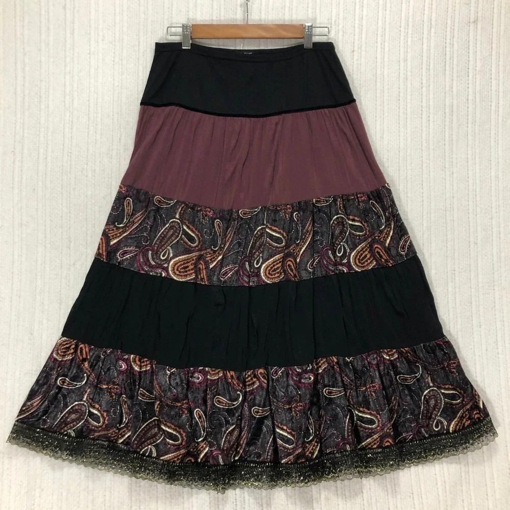 FANG‎ Paisley Tiered Maxi Skirt Black Burgundy M Boho Festival